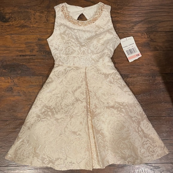 Rare Editions Other - NWT Rare Editions Champagne Jacquard Fit & Flare Dress with Pearls, Size 10